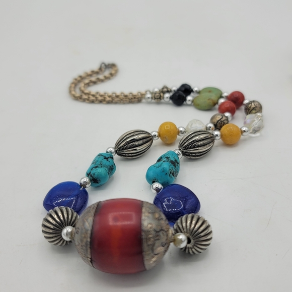 Artisan Jewelry - Chunky Beaded Necklace Copal Amber Turquoise Jasper Coral Mixed Metals Vintage